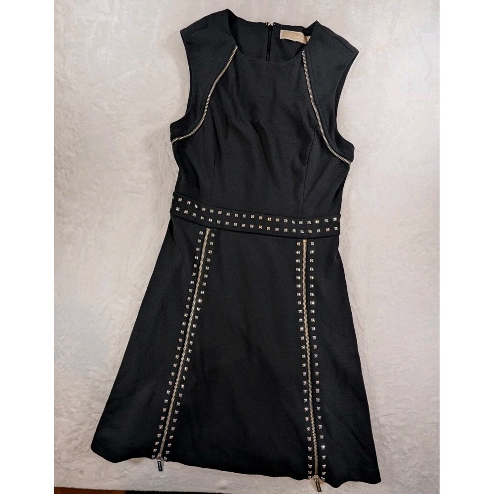 MICHAEL KORS Black PONTE Studded ZIPPER DETAIL Club FIT FLARE Dress Size 8 / 10 - Picture 2 of 12
